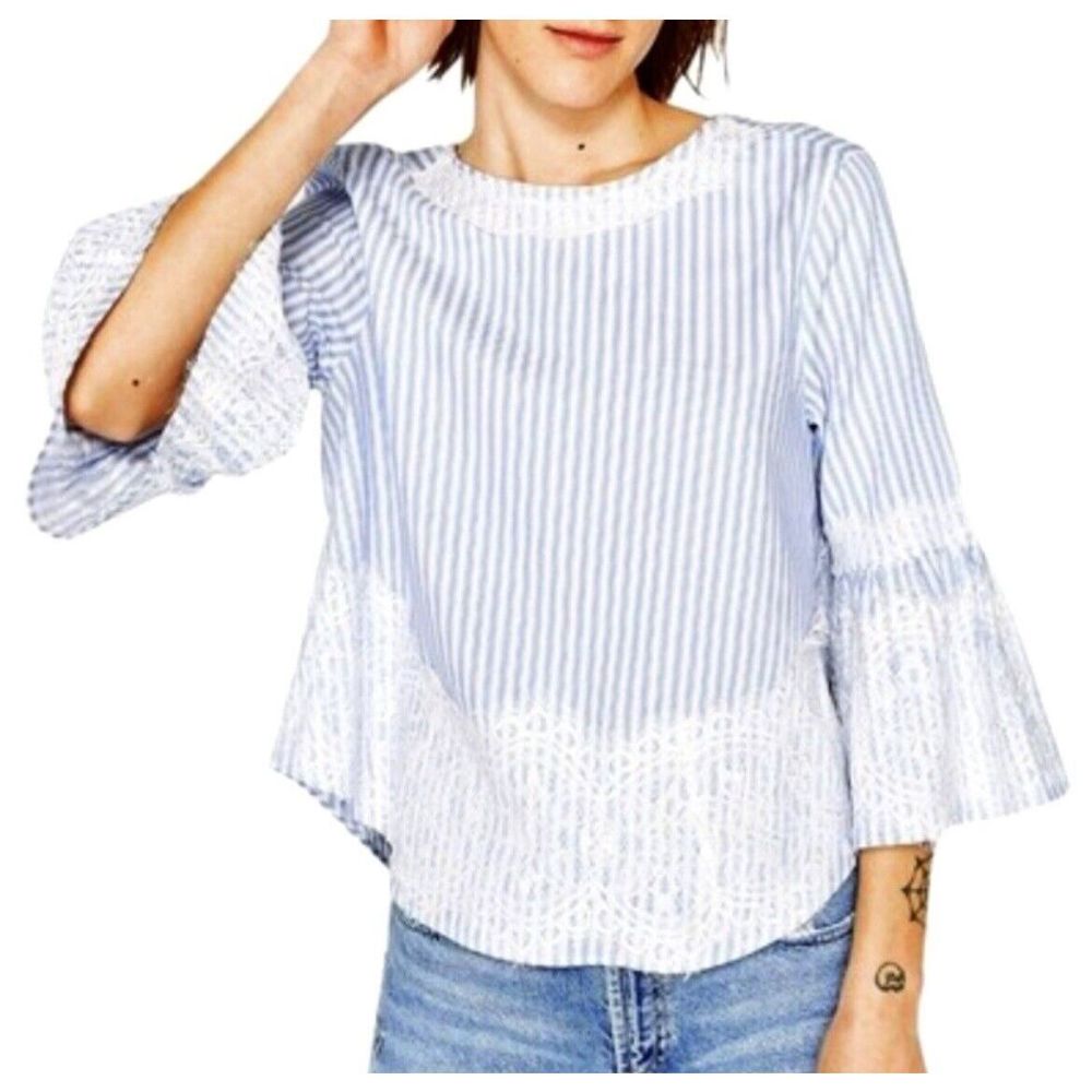 Zara striped lace embellished bell sleeve top - size M - blue/white